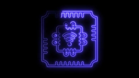 Neon style cpu chip with wireless icon on black background high technology .. Stock Footage 314540283