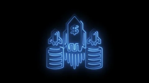 Neon style crypto startup dollar rise with rocket launching from money stack on Stock Footage 322958034