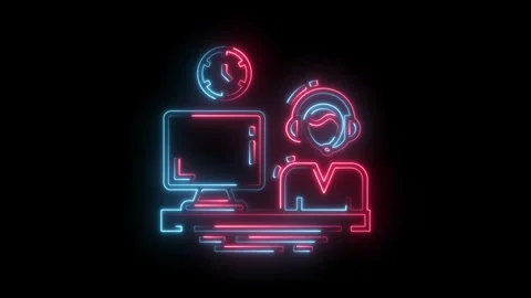 Neon style customer service support agent working at desk with computer and Stock Footage 322989744