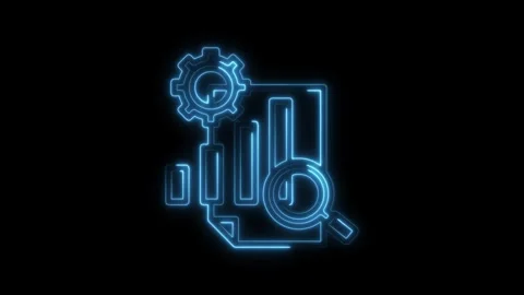 Neon style data analysis visualization with gear,graph,and magnifying glass.. Video stock 312319422