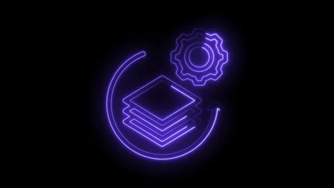 Neon style data layers with gear and circular arrow animation on dark backdrop Stock Footage 330785456
