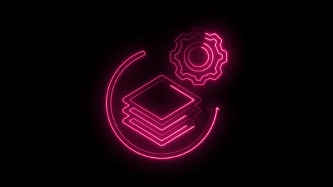 Neon style data processing animation with pink cogwheel rotating around three Stock Footage 330785461