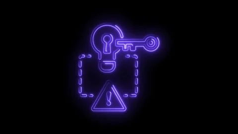 Neon style data security breach with key and warning sign digital protection Stock Footage 345993438