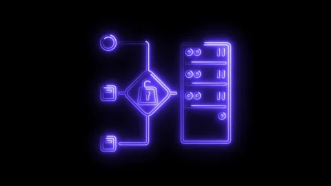 Neon style data security flowchart with unlock server visualisation Stock Footage 308179368