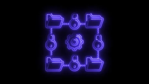 Neon style data security network with folders and padlocks connecting to a ge Stock Footage 308903588