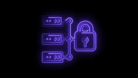 Neon style data security network connecting servers and lock on dark background Stock Footage 322961456