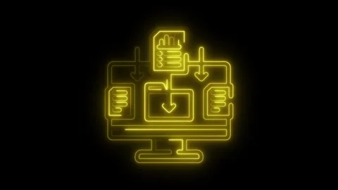 Neon style data transfer on computer isolated on black background Video stock 308766908