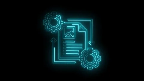 Neon style data transformation illustration with gears and file icon for bu.. Stockbeeldmateriaal 309910233