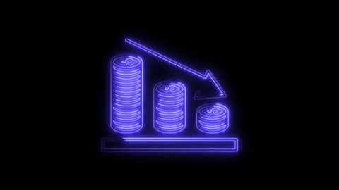 Neon style declining coin stack graph on black background shows recession a.. Stock Footage 312333964