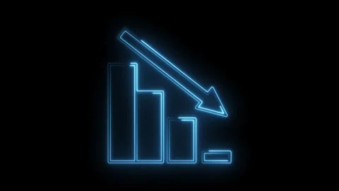 Neon style decreasing bar graph with falling arrow animated against black b.. Stock Footage 312319585