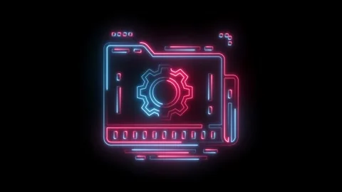 Neon style digital file folder with cogwheel settings icon on a black background Stock Footage 322989874