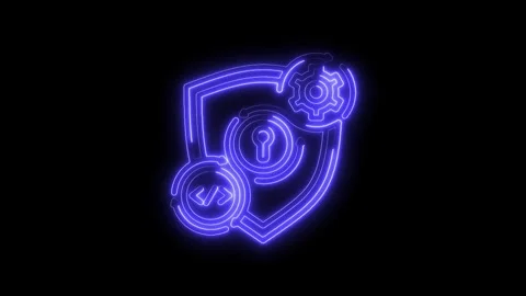 Neon style digital security shield with keyhole gear and coding arrows on b.. Stock Footage 312316104