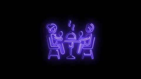 Neon style dinner for two romantic dinner glowing outline on black background Stock Footage 330780603