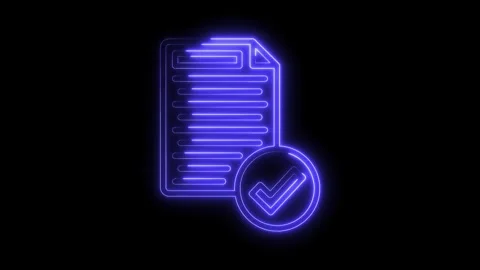 Neon style document file with tick symbol glows on dark background animation Stock Footage 322966353