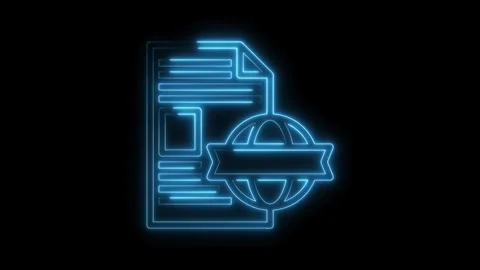 Neon style document with globe logo glowing light technology animation on black Stock Footage 322971187