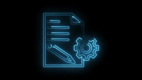 Neon style document setup with pencil and cogwheel glowing animation on black Stock Footage 322986051
