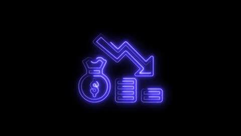 Neon style economy decrease arrow with money bag and coins on black backgroun 库存影片 314540619
