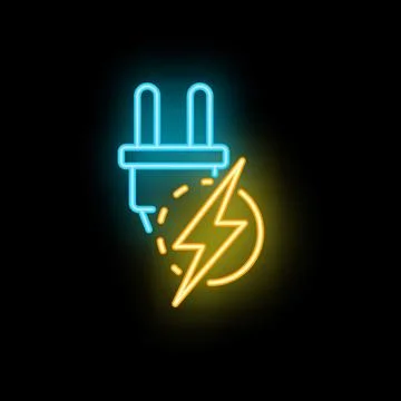 Neon style electric plug with lightning bolt striking power supply Stock Illustration