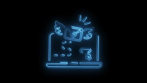 Neon style email with wings appears from a laptop screen animation Stock Footage 330772192