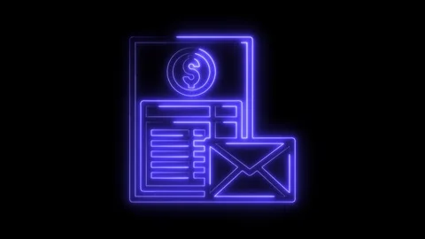Neon style financial document and email icon animation on black background 스톡 동영상 322973000
