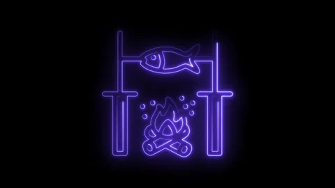 Neon style fish cooking over campfire glowing animation black background Stock Footage 322984297