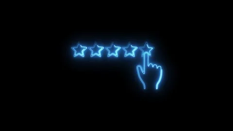 Neon style five star rating animation with hand cursor on black background Stock Footage 308216015