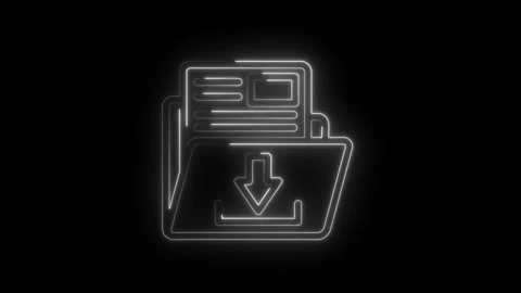 Neon style folder document icon animation with download arrow on black back.. Video stock 312309602