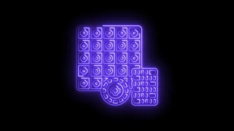 Neon style game set with chips and board game displayed on black background Stock Footage 345974225