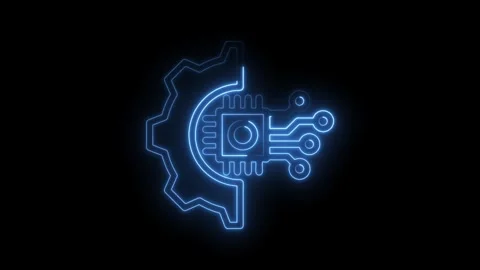 Neon style gear and cpu animation on black background for technology concepts Stock Footage 330777696