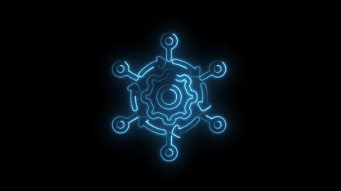 Neon style gear rotation with points of interaction workflow concept on dar.. Stock Footage 312310759