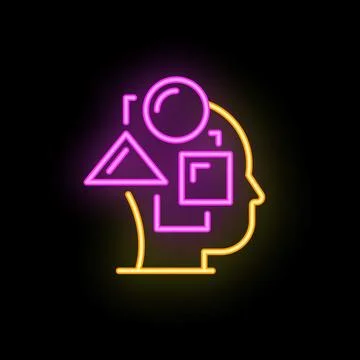 Neon style geometric shapes floating above human head profile Stockillustratie