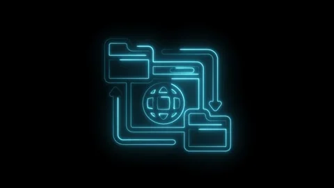 Neon style global data transfer animation with folder and globe icons on bl.. Stock Footage 312309370