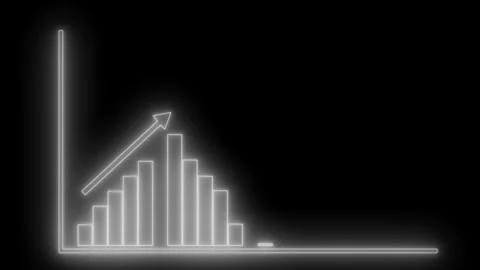 Neon-style glowing bar chart ascending columns and arrow indicating growth .. Stock Footage 335103214