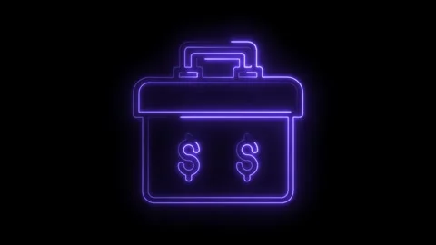 Neon style glowing briefcase icon with dollar signs represents finance and Stock Footage 322962336