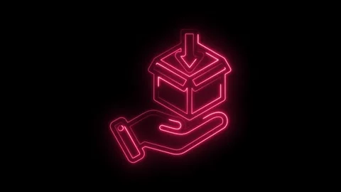 Neon style hand holding box with arrow receiving package digitalization global Stock Footage 330784642