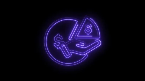Neon style hand holding pie chart representing money and finance investments in Stock Footage 330783623