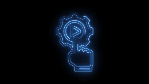 Neon style hand interacting with gear and play button concept on black Stock Footage 330785587