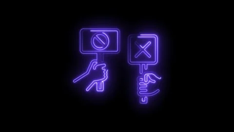 Neon style hands holding stop and wrong sign animation on a black background Stock Footage 330776010