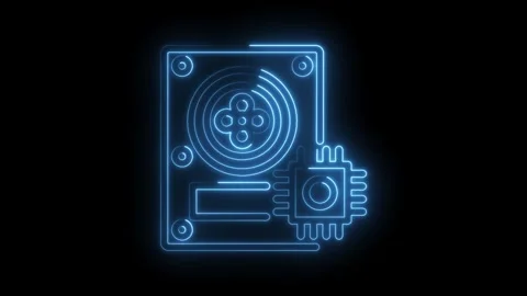 Neon style hard drive with microchip animation on black background depicting Stock Footage 330777744