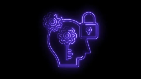 Neon style head with gears key and lock symbolizing problem solving and security Stock Footage 322961553