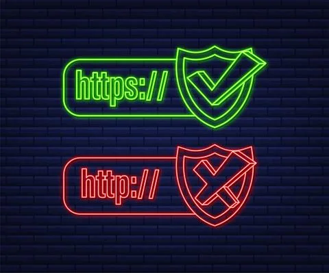 Neon style http and https protocols on shield, on dark background. Vector stock イラスト素材