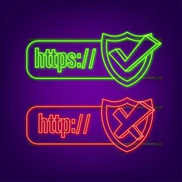 Neon style http and https protocols on shield, on dark background. Vector stock Illustration