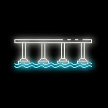 Neon style icon of bridge over water with waves at night Ilustração Stock