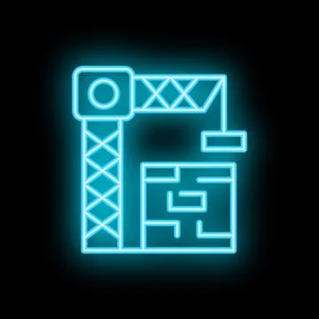 Neon style icon of building under construction with crane Illustrazione stock