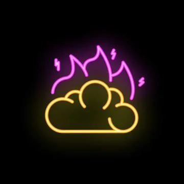 Neon style icon of cloud emitting energy with flames and lightning bolts Stock Illustration