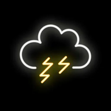 Neon style icon of cloud with lightning striking for storm concept Illustrazione stock