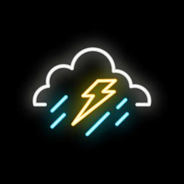 Neon style icon of cloud with lightning bolt and rain representing thundersto 库存插图