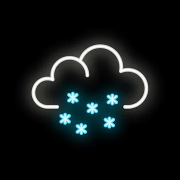 Neon style icon of cloud producing snowflakes on black background Stock Illustration