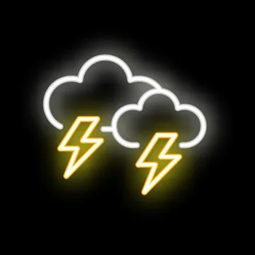 Neon style icon of clouds and lightning striking representing a thunderstorm Stock Illustration