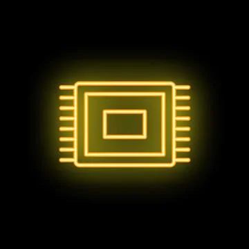 Neon style icon of computer chip glowing on black background 스톡 일러스트